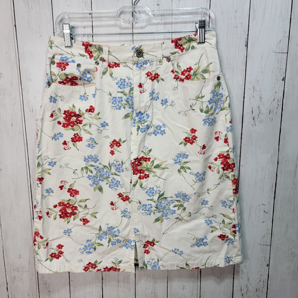 Eddie Bauer Women's 100% Cotton Floral A-Line Skirt Size 8 Pockets Front Slit.